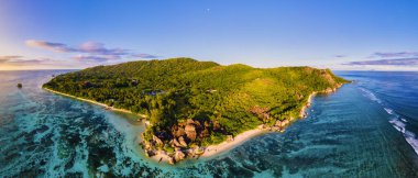 Anse Source dArgent beach, La Digue Island, Seyshelles, Drone aerial view of La Digue Seychelles bird eye view.of tropical Island