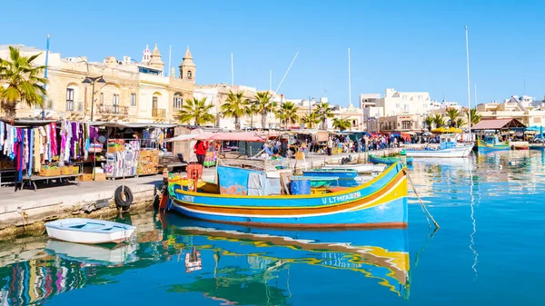 Malta December 2017 Marsaxlokk Harbor Colorful Typical Maltese Fishing Boats — Stock Photo, Image