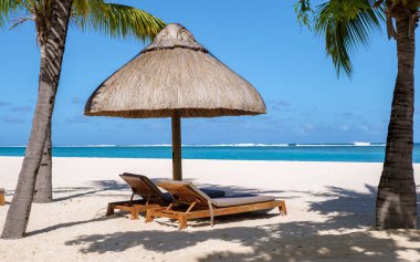 Le Morne plajı Mauritius Tropikal plajı. Palmiye ağaçları, beyaz kum mavisi okyanus ve şemsiyeli plaj yatakları, güneş sandalyeleri ve palmiye ağacının altında tropik bir plaj şemsiyesi.