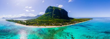 Le Morne plajı Mauritius Tropikal plajı Palmiye ağaçları ve beyaz kumlu mavi okyanus dronu ile Le Morne hava manzaralı