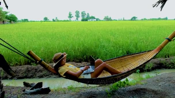 Asijské Ženy Houpací Síti Pracuje Notebooku Pozadí Zelené Rýžové Pole — Stock video