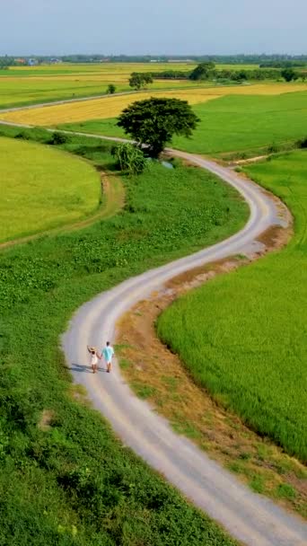 Couple Men Women Vacation Thailand Walking Curved Winding Countryside Road — Stock Video