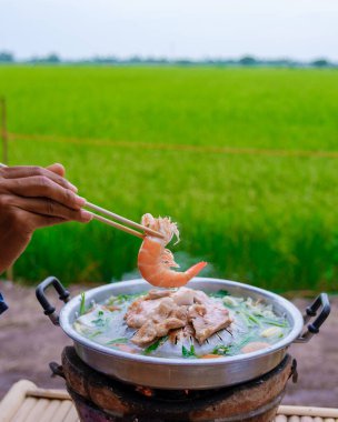 Tayland 'da bir çiftlikteki yeşil pirinç tarlalarına bakan bir Tayland Koreli bbq' ın yakın plan fotoğrafı.