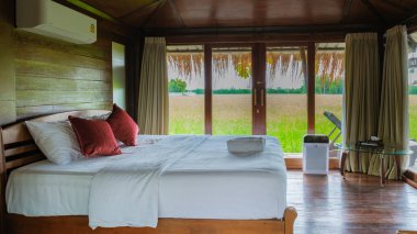 Tayland 'ın kırsal kesiminde bir oda. Odasında hava temizleyici var. Yeşil çeltik tarlaları manzaralı bir oda