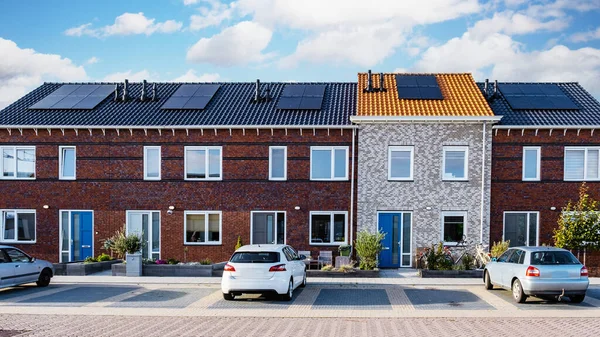 Newly Build Houses Solar Panels Attached Roof Sunny Sky Close — Stock Photo, Image
