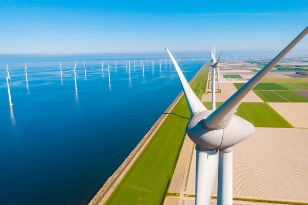 Wind Mill Turbines Blue Sky Windmill Park Ocean Aerial View — Stock Photo, Image