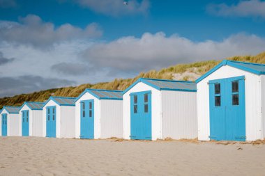 Texel Hollanda sahilindeki beyaz mavi sahil evi, Hollanda 'nın Texel Adası' ndaki bir sahil kulübesi.