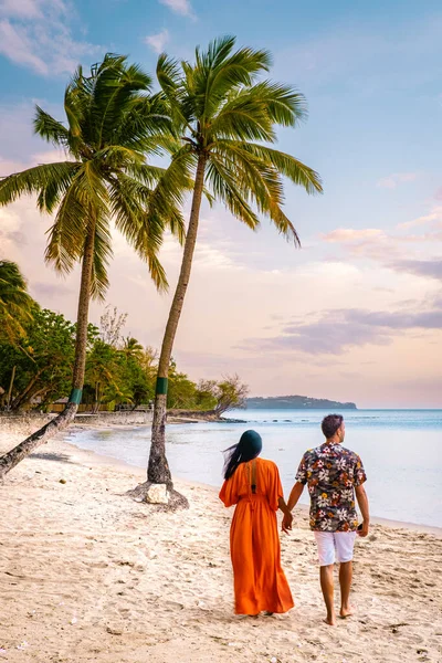 セントルシアカリブ海の島 セントルシアの熱帯島で豪華な休暇のカップルは ココナッツヤシの木とビーチで夕日を見ています — ストック写真