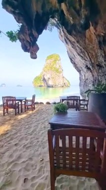 Railay Beach Krabi Thailand, the tropical beach of Railay Krabi, Panoramic view of idyllic Railay Beach in Thailand on a sunny day