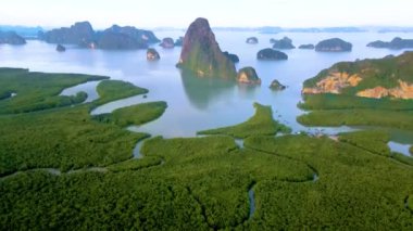 Limestone rock formation at Phang Nga Bay in Thailand, panorama view of Sametnangshe, view of mountains in Phangnga bay mangrove forest in Andaman sea with evening twilight in Phangnga