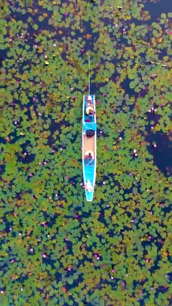 해돋이는 응하란 우돈타니 타이의 호수에서 일출시에 보트를 드론을 이보였다 — 비디오