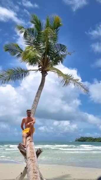 Мужчины Плавании Коротко Сидят Пальме Пляже Острова Куд Таиланд Трат — стоковое видео