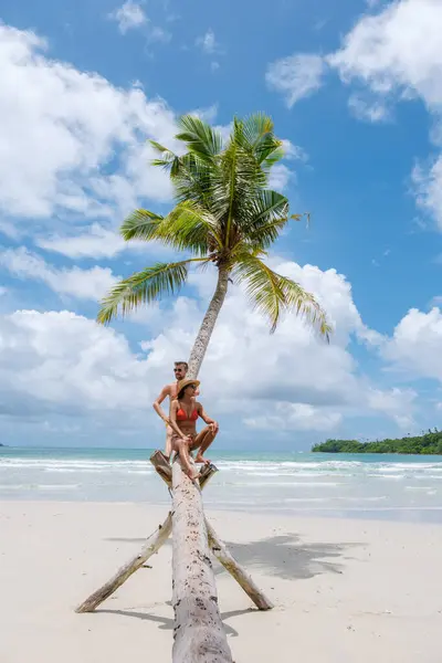 Kood Adası Trat 'ta tatilde olan çok ırklı bir çift, güneşli bir günde bir palmiye ağacında asılı oturan bir çift kadın ve erkek.