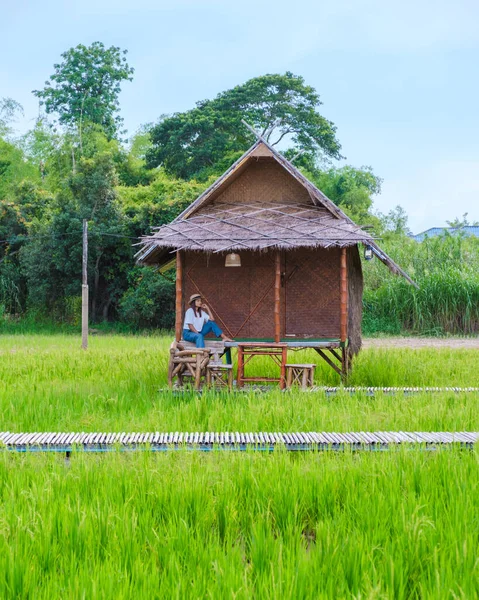 Asiatico Tailandese Donna Vacanza Piccolo Famiglia Presso Fattoria Con Verde — Foto Stock