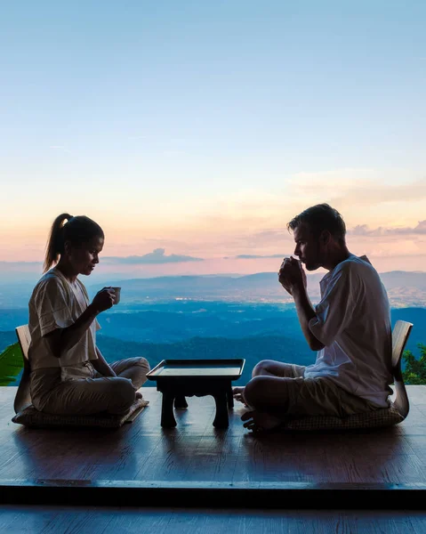 Couple Men Women Drinking Tea Mountains Northern Thailand Balcony Wooden — Stock Photo, Image