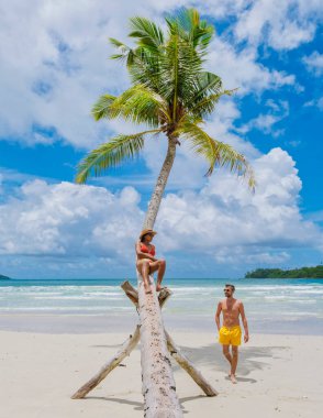 Kood Adası Trat 'ta tatilde olan çok ırklı bir çift güneşli bir günde bir palmiye ağacında dinlenen birkaç erkek ve kadın. 