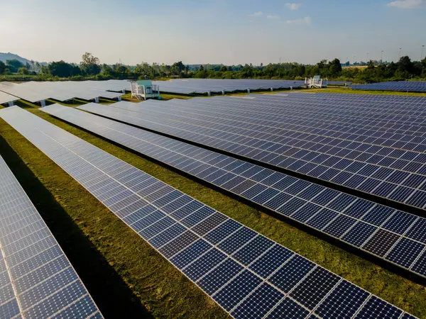 Solar panels sun power on the field in summer aerial view in Thailand Solar panel field in the afternoon sun