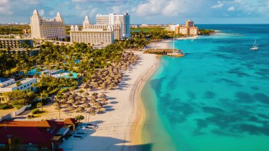 Palm Beach Aruba Karayipleri, Aruba Antilleri 'nde palmiye ağaçları olan beyaz kumlu plaj.