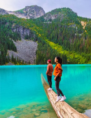 Joffre Lakes, Kanada 'daki Joffre Lakes Ulusal Parkı' nın renkli bir gölü olan British Colombia Whistler Canada 'da göldür. Bir çift Asyalı kadın ve Kafkasyalı erkek BC Jofre Gölü 'nde yürüyorlar.