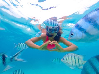 Samaesan Tayland 'da şnorkelle yüzen Asyalı bir kadın. Mercan resif havuzunda Nemo balıklarıyla birlikte su altına dalmak. Seyahat yaşam tarzı, su sporları macerası, yaz tatilinde yüzme etkinliği. 