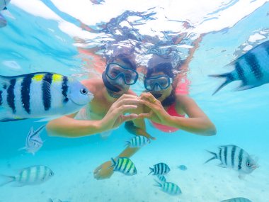 Samaesan Tayland 'a şnorkelle yüzmeye giden bir çift genç adam ve bir kadın. Mercan resif havuzunda Nemo balıklarıyla birlikte su altına dalmak. Yaz tatilinde çift yüzme aktivitesi 