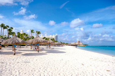 Palm Beach, Aruba Karayipleri, Aruba Antilleri 'nde palmiye ağaçları olan uzun kumlu kumlu plaj..