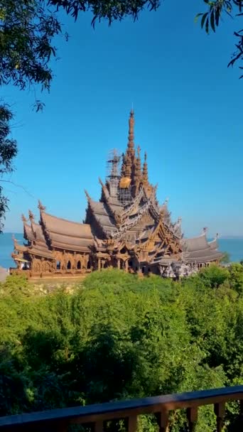 Santuario Della Verità Tempio Legno Pattaya Thailandia Tramonto Una Costruzione — Video Stock