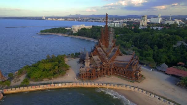 Sonnenuntergang Heiligtum Der Wahrheit Holztempel Pattaya Thailand Ist Eine Gigantische — Stockvideo