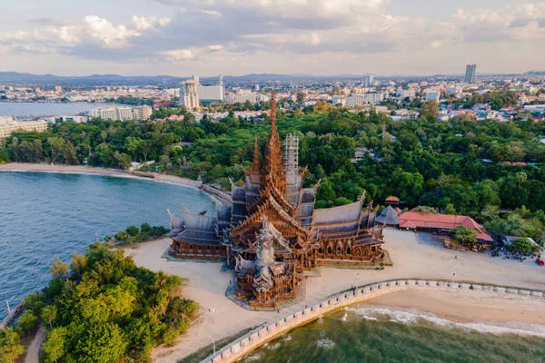 Drone Aerial View Sanctuary Truth Wooden Temple Pattaya Thailand Gigantic — Stock Photo, Image