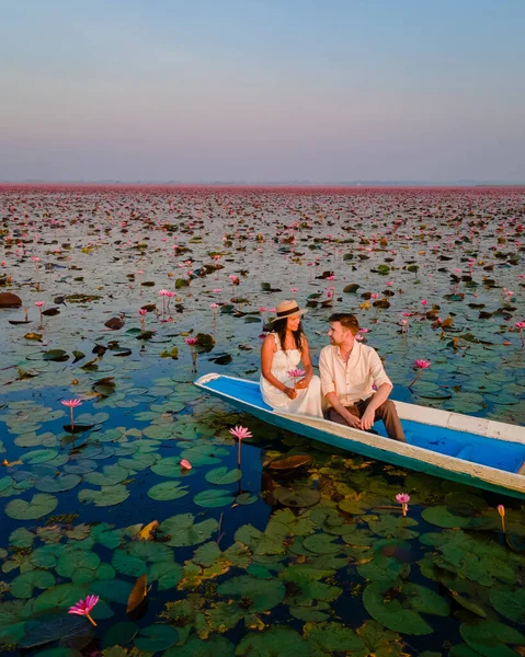 Mare Loto Rosso Lago Nong Harn Udon Thani Thailandia Paio — Foto Stock