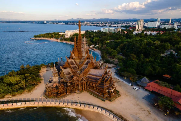 Sanctuary Truth Wooden Temple Pattaya Thailand Sunset Drone Aerial View — Stock Photo, Image