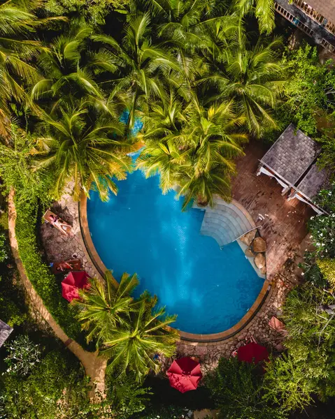 在泰国热带雨林的一个游泳池的空中无人机图片 在泰国热带雨林的一个游泳池上方的无人机的空中图片 — 图库照片