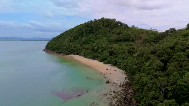 清澈清澈清澈清澈的海滩 位于泰国 安达曼海 热带岛屿 有棕榈树 翠绿色海洋 有长尾船 — 图库视频影像