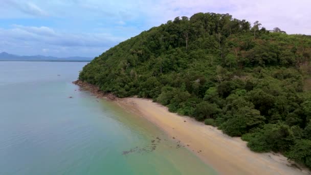 リボン島トラン省 アンダマン海の透明な水と落ち着いたビーチ ヤシの木とエメラルドグリーンオーシャンとロングテールボート — ストック動画