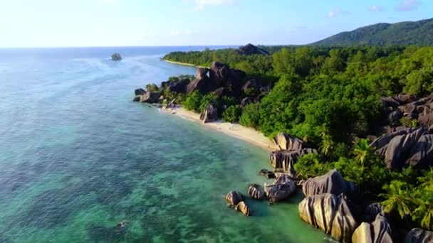 Anse Source Dargent Beach Digue Island Σεϋχέλλες Drone Εναέρια Άποψη — Αρχείο Βίντεο