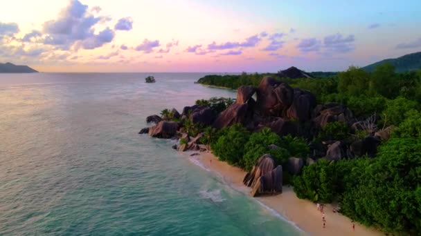 Beautiful Sunset Beach Anse Source Dargent Digue Island Seychelles Drone — Stock Video