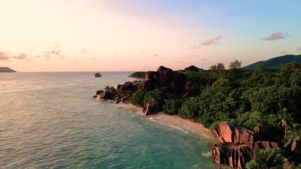 Anse Fonte Dargent Praia Pôr Sol Digue Island Seychelles Drone — Vídeo de Stock