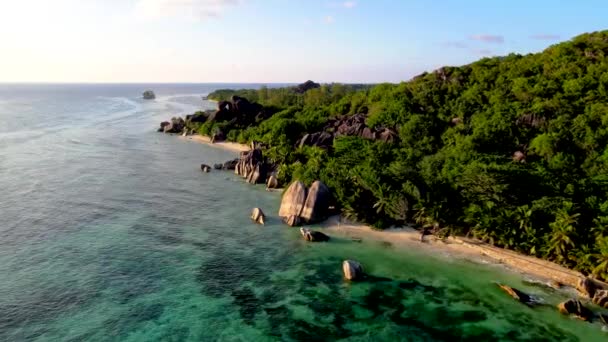 Anse Source Dargent Strand Digue Insel Seychellen Drohne Luftaufnahme Von — Stockvideo