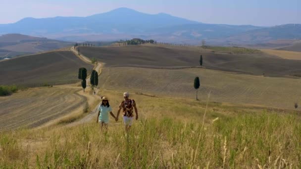 Par Hombres Mujeres Caminando Prado Toscane Italia Durante Verano Val — Vídeo de stock