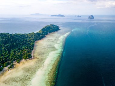 İnsansız hava aracı Koh Kradan 'da tropikal bir ada. Palmiye ağaçları, yumuşak beyaz kum ve Koh Kradan Trang Tayland' da turkuaz renkli bir okyanus.