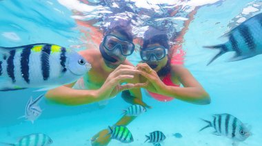 Tayland 'da şnorkelle yüzen bir çift yüzme havuzunda balıklarla birlikte su altında yüzüyor, eğleniyor ve Tayland' da okyanusta eğleniyor, şnorkelle yüzüyor. 