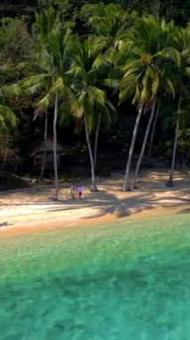 Bereketli yeşil palmiye ağaçları, turkuaz su ve altın kumlu sahilleri olan çarpıcı bir doğal manzara. Rahatlamak ve güneşi emmek için mükemmel bir cennet, Koh Wai, Tayland