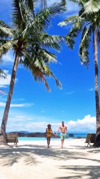緑豊かなヤシの木が並ぶ砂浜に沿って2人の個人が散歩し アジアの空のクリスタル水を楽しんでいます トロピカルパラダイスKoh Mak Koh Khamを探索する — ストック動画