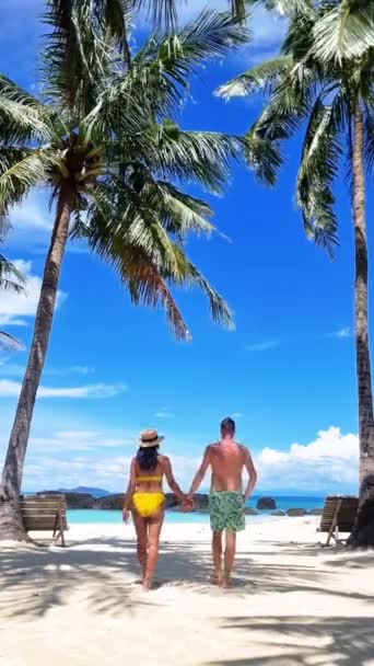 一对恋人手挽手漫步在沙滩上 在广阔的天空中 轻柔的海浪拍打着他们的脚 棕榈树在微风中沙沙沙作响 — 图库视频影像