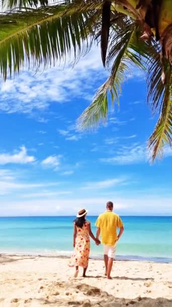 Άνδρας Και Γυναίκα Περπατούν Στην Καταγάλανη Παραλία Κρατώντας Χέρια Φόντο — Αρχείο Βίντεο