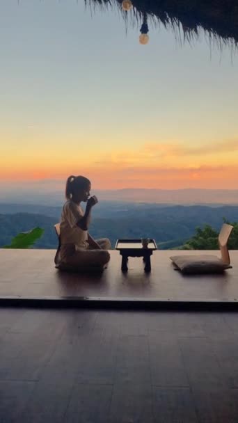 Enjoying Peaceful Moment Leisure Sitting Table Overlooking Sunset Breathtaking View — Stock Video