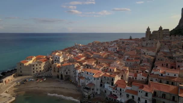 Drone View Old Town Cefalu Sunset Sicily Italy — Stock Video