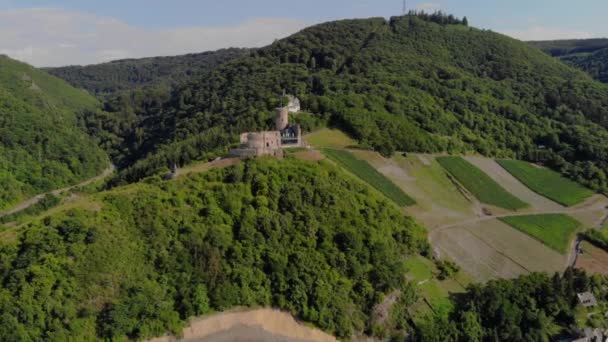 ベルニーゼル クエスにあるランドシャット城が破壊された ベルニーゼル クエスは ドイツのモゼルで有名なワイン生産の中心地です ドローン空中観測 — ストック動画