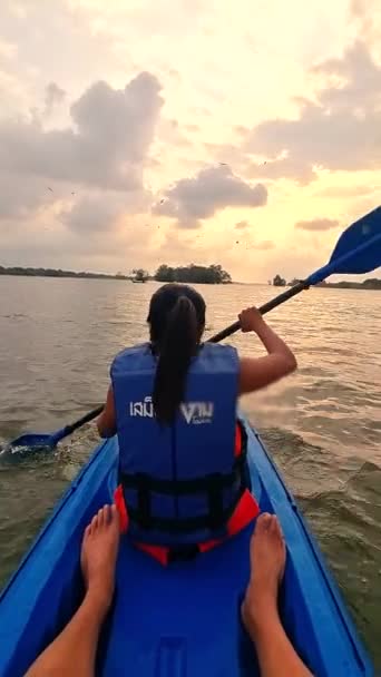 Asian Thai Women Kayak River Thailand Sea Eagles Flying Mangrove — Stock Video