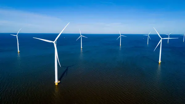 Group Wind Turbines Elegantly Spin Ocean Coast Netherlands Flevoland Tranquil — Stock Photo, Image